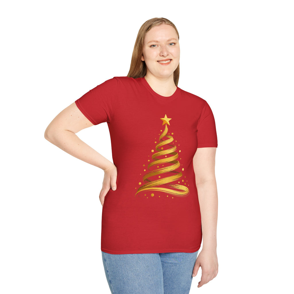 Golden Abstract Christmas Tree T-Shirt, Elegant Holiday Season Gift, Minimalist Festive Art Graphic Tee