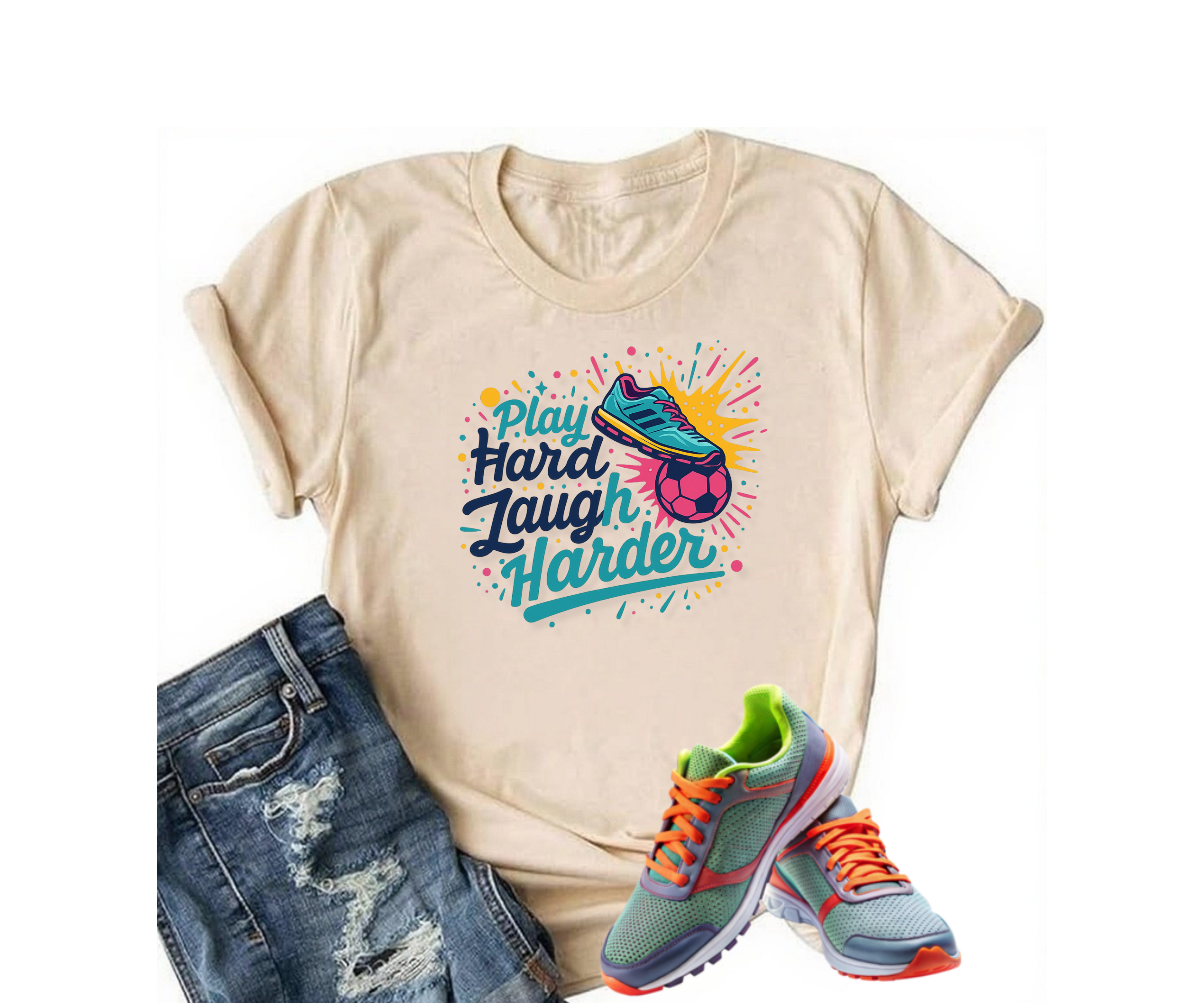 Play Hard Laugh Harder T-Shirt, Funny Soccer Gift, Motivational Sports Graphic Tee, Athletic Humor Workout Shirt