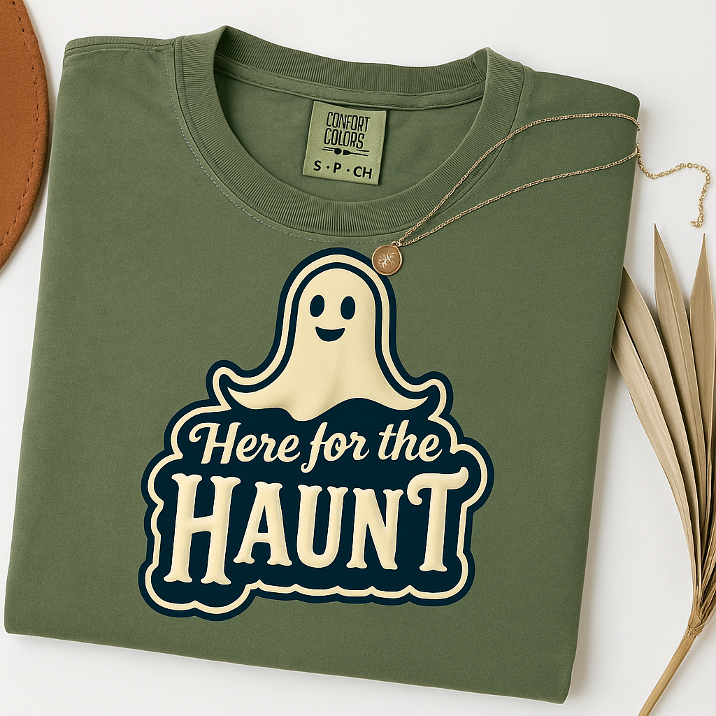 Halloween Party Tee, Cute Ghost Here for the Haunt Gift, Trendy Spooky Vibes T-Shirt