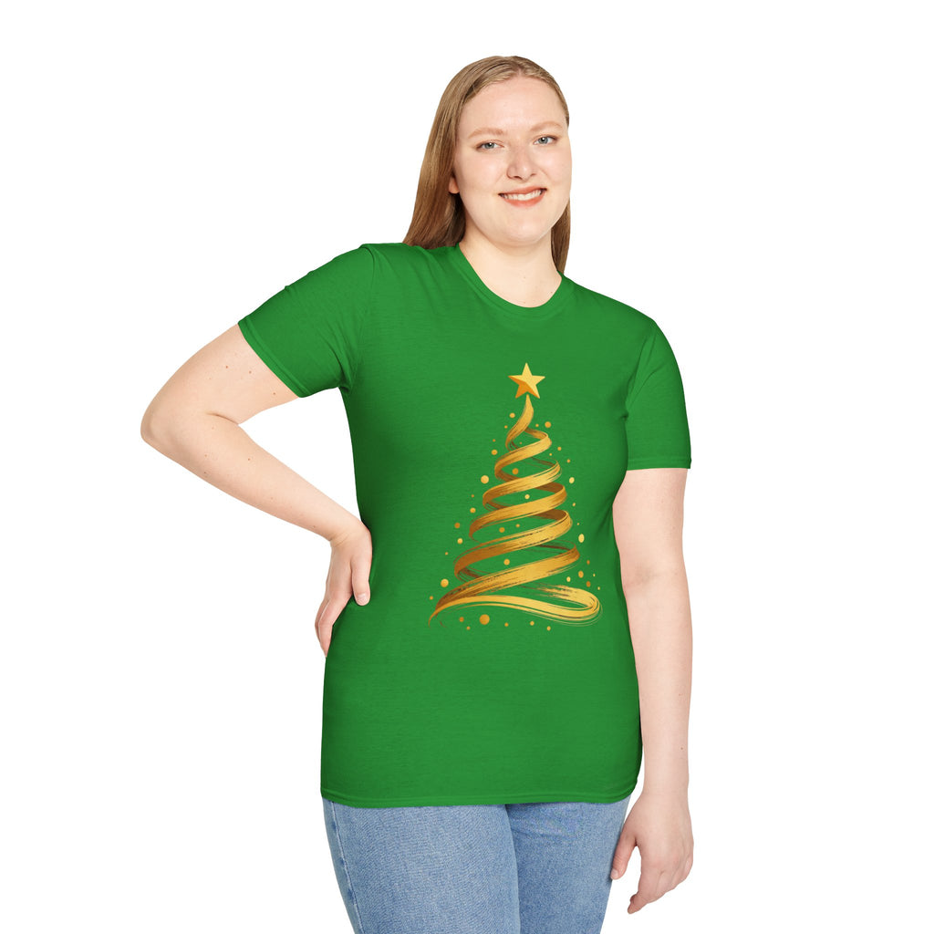 Golden Abstract Christmas Tree T-Shirt, Elegant Holiday Season Gift, Minimalist Festive Art Graphic Tee