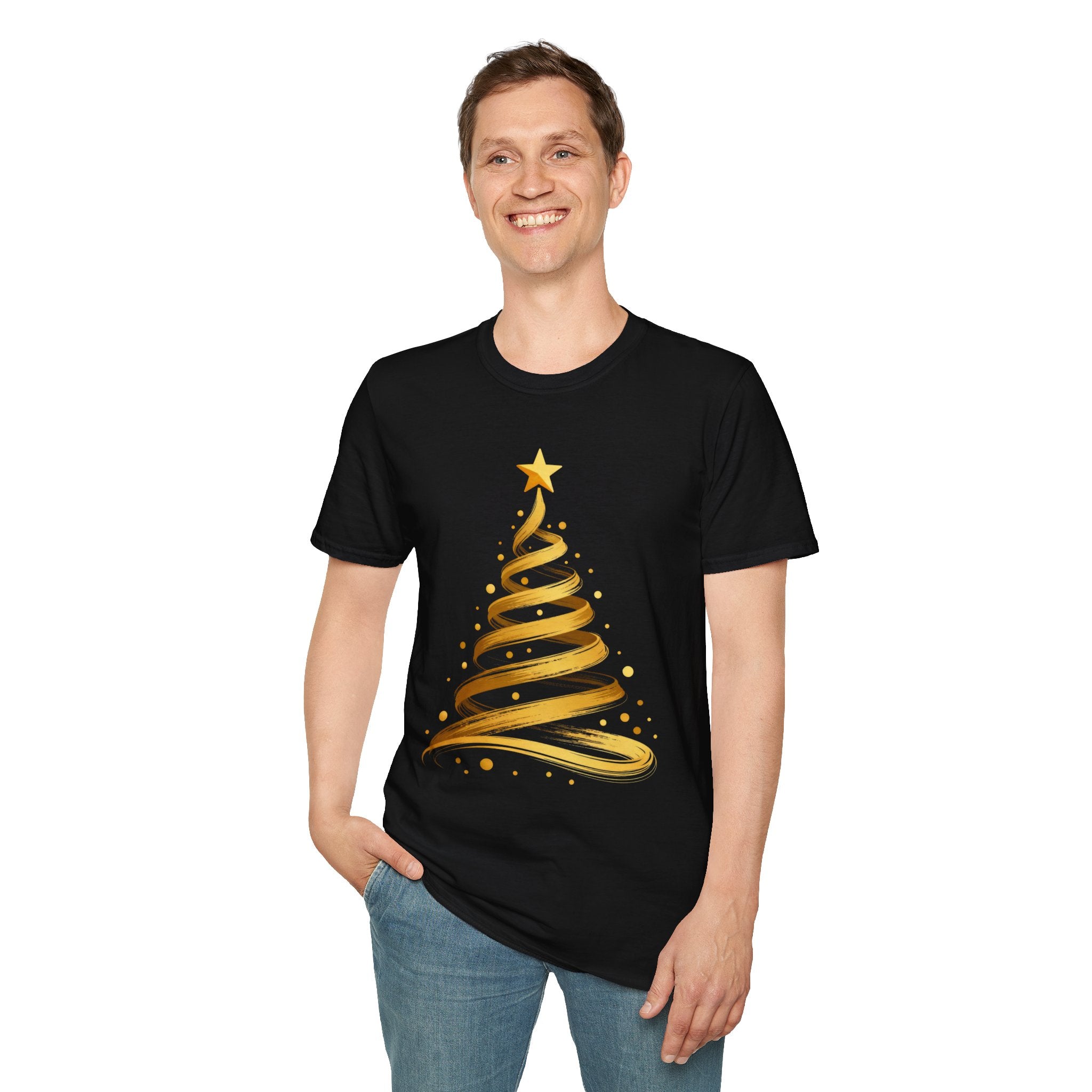 Golden Abstract Christmas Tree T-Shirt, Elegant Holiday Season Gift, Minimalist Festive Art Graphic Tee